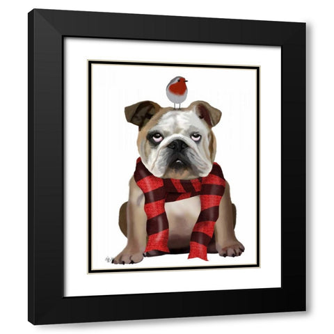 English Bulldog, Scarf and Robin Black Modern Wood Framed Art Print with Double Matting by Fab Funky