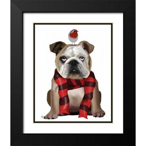 English Bulldog, Scarf and Robin Black Modern Wood Framed Art Print with Double Matting by Fab Funky