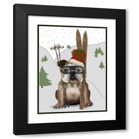 English Bulldog, Skiing Black Modern Wood Framed Art Print with Double Matting by Fab Funky