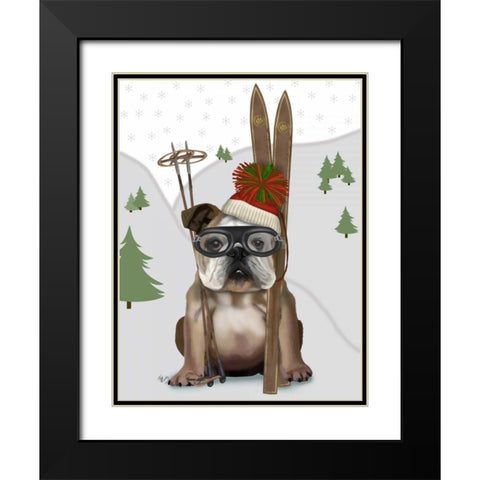 English Bulldog, Skiing Black Modern Wood Framed Art Print with Double Matting by Fab Funky