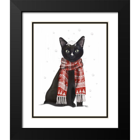 Black Cat, Red Scarf Black Modern Wood Framed Art Print with Double Matting by Fab Funky