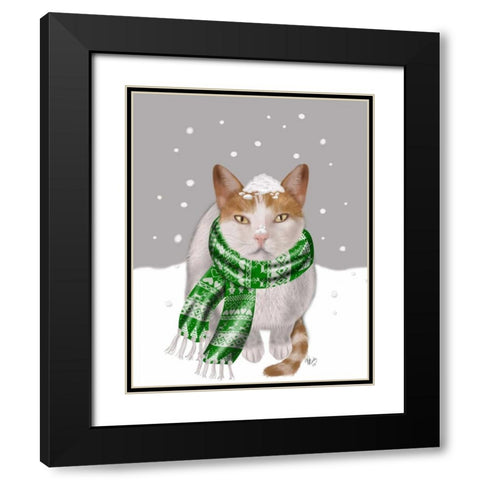 White Cat, Green Scarf Black Modern Wood Framed Art Print with Double Matting by Fab Funky