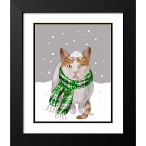 White Cat, Green Scarf Black Modern Wood Framed Art Print with Double Matting by Fab Funky