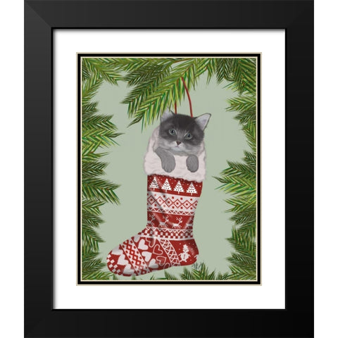 Grey Kitten in Christmas Stocking Black Modern Wood Framed Art Print with Double Matting by Fab Funky