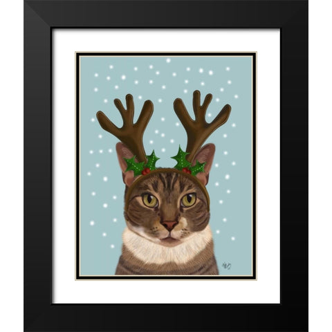 Calico Cat and Antlers Black Modern Wood Framed Art Print with Double Matting by Fab Funky