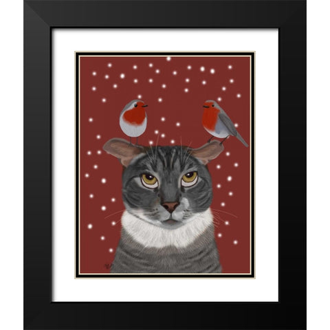 Grey Cat and Robins Black Modern Wood Framed Art Print with Double Matting by Fab Funky