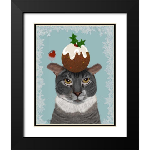 Grey Cat and Christmas Pudding Black Modern Wood Framed Art Print with Double Matting by Fab Funky