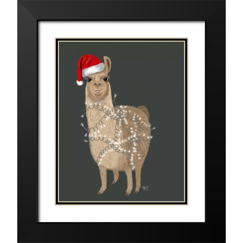 Llama, Christmas Lights 1 Black Modern Wood Framed Art Print with Double Matting by Fab Funky
