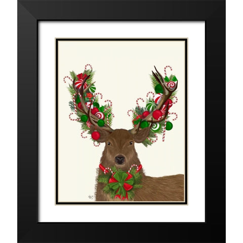 Deer, Candy Cane Wreath Black Modern Wood Framed Art Print with Double Matting by Fab Funky