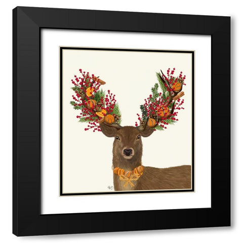 Deer, Cranberry and Orange Wreath Black Modern Wood Framed Art Print with Double Matting by Fab Funky