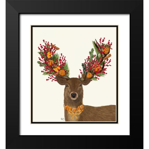 Deer, Cranberry and Orange Wreath Black Modern Wood Framed Art Print with Double Matting by Fab Funky