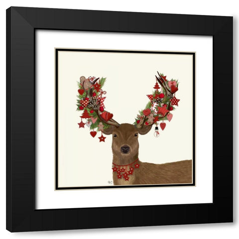 Deer, Homespun Wreath Black Modern Wood Framed Art Print with Double Matting by Fab Funky