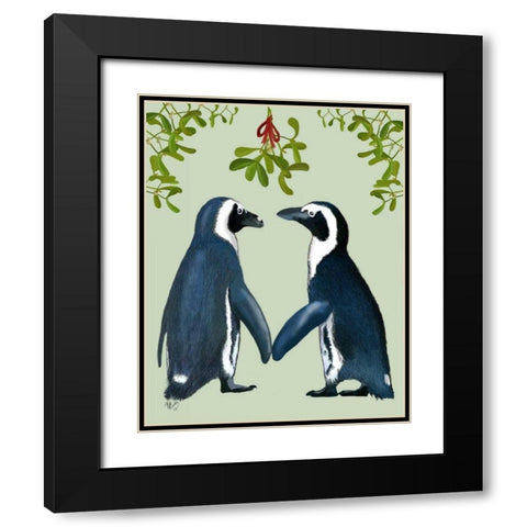 Penguins And Mistletoe Black Modern Wood Framed Art Print with Double Matting by Fab Funky