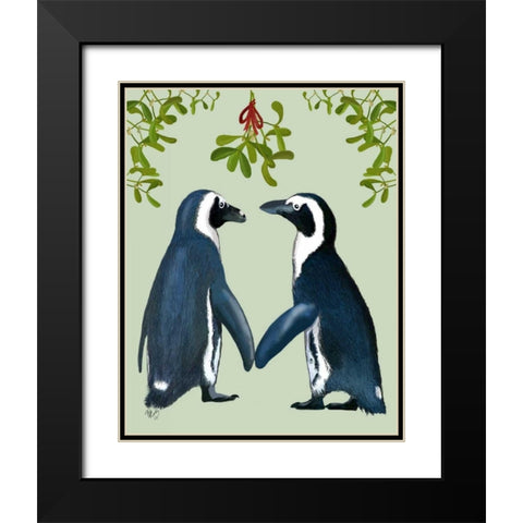Penguins And Mistletoe Black Modern Wood Framed Art Print with Double Matting by Fab Funky