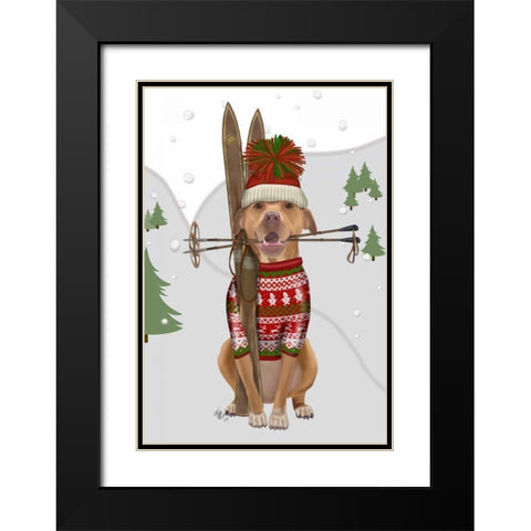 Pitbull Skiing Black Modern Wood Framed Art Print with Double Matting by Fab Funky