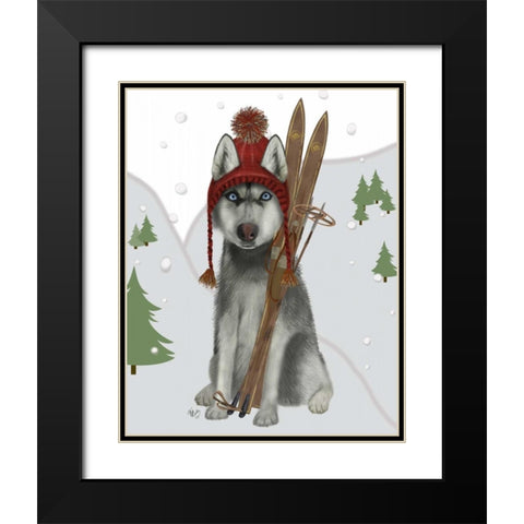Husky Skiing Black Modern Wood Framed Art Print with Double Matting by Fab Funky