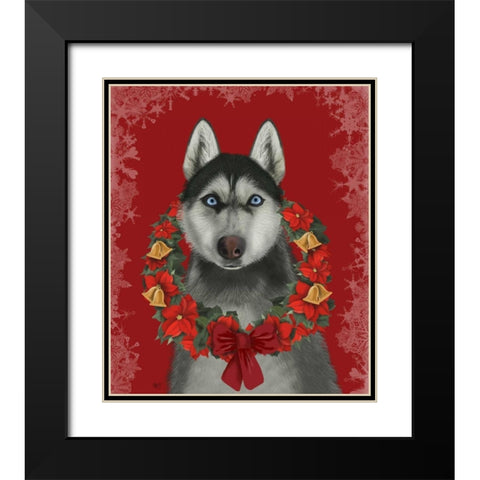 Husky and Poinsettia Wreath Black Modern Wood Framed Art Print with Double Matting by Fab Funky