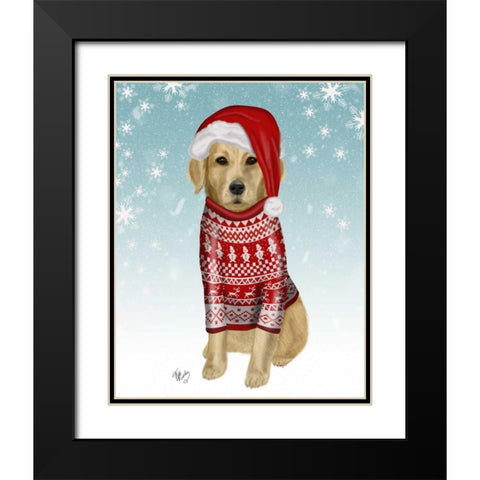 Golden Retriever in Christmas Sweater Black Modern Wood Framed Art Print with Double Matting by Fab Funky