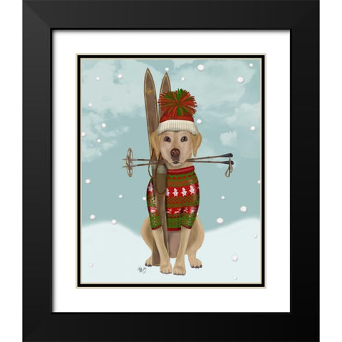Yellow Labrador, Skiing Black Modern Wood Framed Art Print with Double Matting by Fab Funky