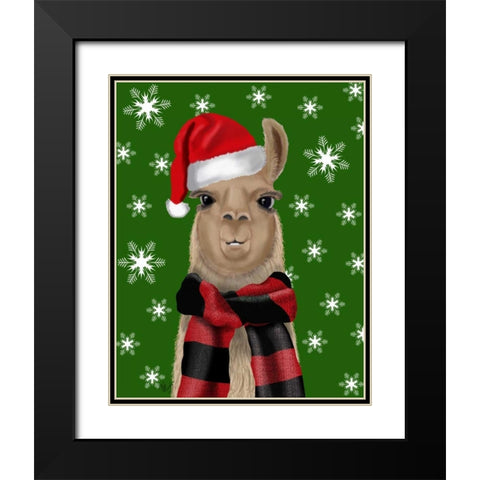 Llama, Christmas Hat Black Modern Wood Framed Art Print with Double Matting by Fab Funky