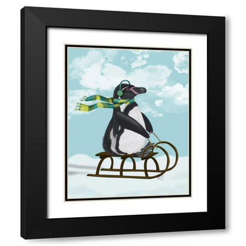 Penguin On Sled Black Modern Wood Framed Art Print with Double Matting by Fab Funky