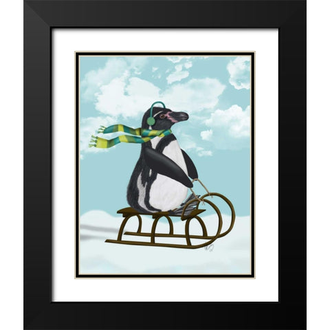 Penguin On Sled Black Modern Wood Framed Art Print with Double Matting by Fab Funky