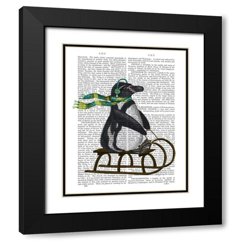 Penguin On Sled Black Modern Wood Framed Art Print with Double Matting by Fab Funky