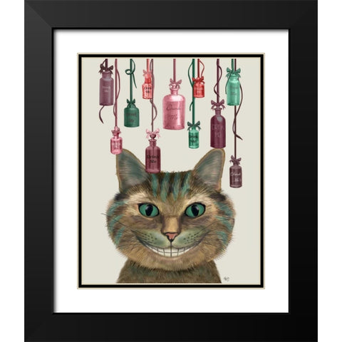 Cheshire Cat and Bottles Black Modern Wood Framed Art Print with Double Matting by Fab Funky