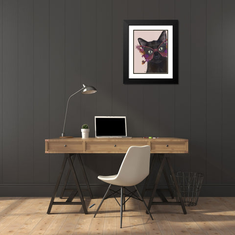 Cat and Flower Glasses Black Modern Wood Framed Art Print with Double Matting by Fab Funky