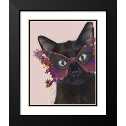 Cat and Flower Glasses Black Modern Wood Framed Art Print with Double Matting by Fab Funky