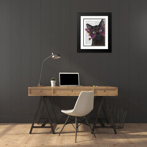 Cat and Flower Glasses Black Modern Wood Framed Art Print with Double Matting by Fab Funky