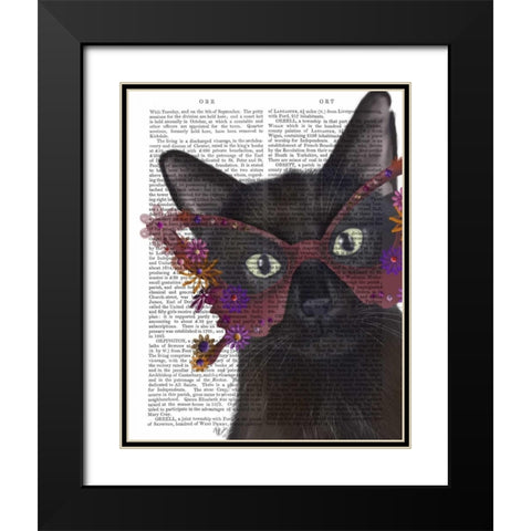 Cat and Flower Glasses Black Modern Wood Framed Art Print with Double Matting by Fab Funky