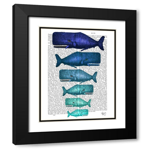 Blue Whale Family Black Modern Wood Framed Art Print with Double Matting by Fab Funky