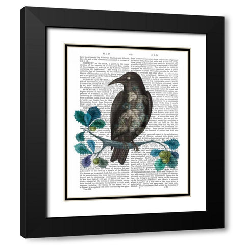 Floral Crow On Branch Black Modern Wood Framed Art Print with Double Matting by Fab Funky
