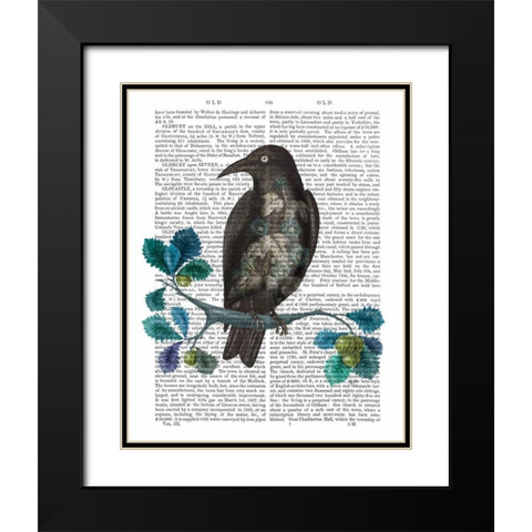 Floral Crow On Branch Black Modern Wood Framed Art Print with Double Matting by Fab Funky