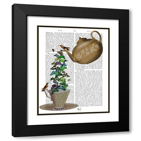 Teapot, Cup and Butterflies Black Modern Wood Framed Art Print with Double Matting by Fab Funky