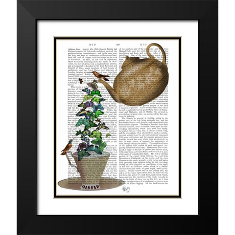 Teapot, Cup and Butterflies Black Modern Wood Framed Art Print with Double Matting by Fab Funky