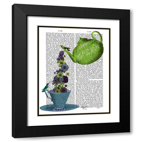 Teapot, Cup and Flowers, Green and Blue Black Modern Wood Framed Art Print with Double Matting by Fab Funky