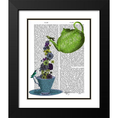 Teapot, Cup and Flowers, Green and Blue Black Modern Wood Framed Art Print with Double Matting by Fab Funky