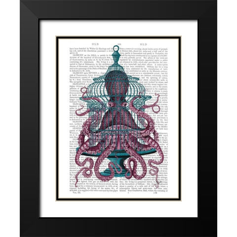 Pink Octopus in Cage Black Modern Wood Framed Art Print with Double Matting by Fab Funky