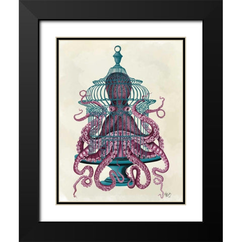 Pink Octopus in Cage Black Modern Wood Framed Art Print with Double Matting by Fab Funky
