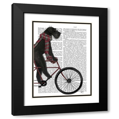 Schnauzer on Bicycle, Black Black Modern Wood Framed Art Print with Double Matting by Fab Funky