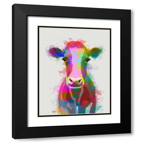 Rainbow Splash Cow Black Modern Wood Framed Art Print with Double Matting by Fab Funky