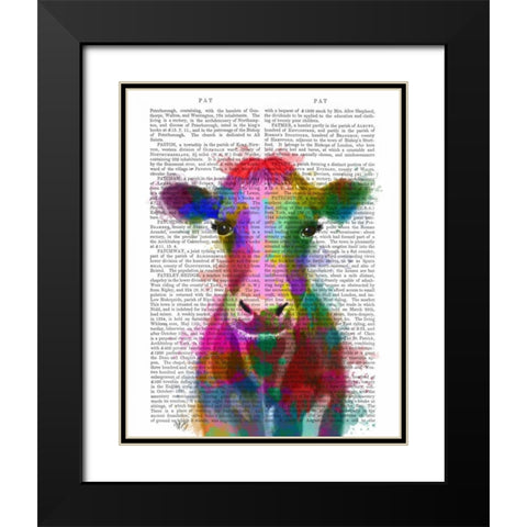 Rainbow Splash Cow Black Modern Wood Framed Art Print with Double Matting by Fab Funky