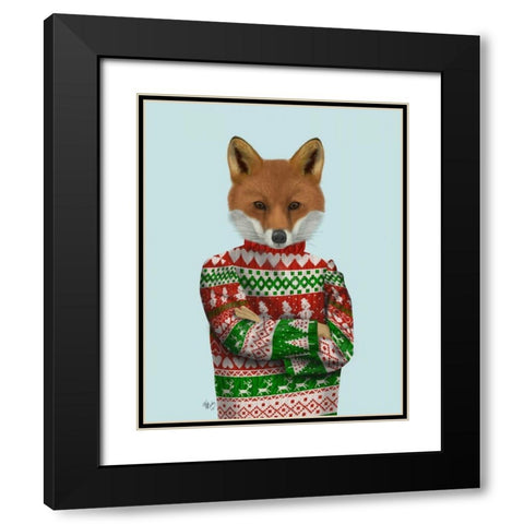 Fox in Christmas Sweater Black Modern Wood Framed Art Print with Double Matting by Fab Funky