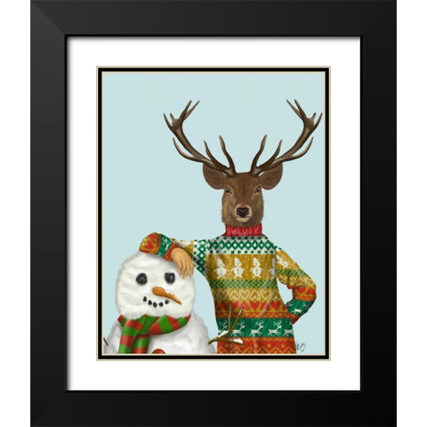 Deer in Christmas Sweater with Snowman Black Modern Wood Framed Art Print with Double Matting by Fab Funky