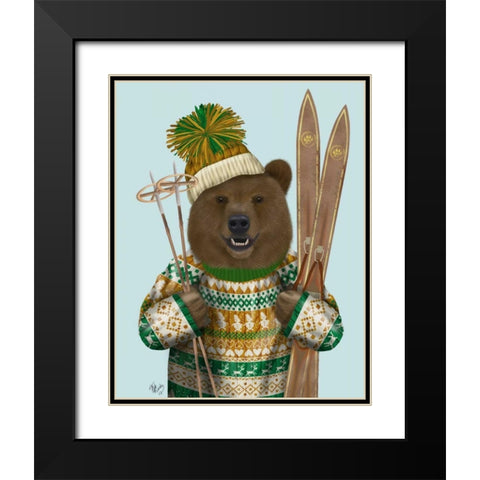 Bear in Christmas Sweater Black Modern Wood Framed Art Print with Double Matting by Fab Funky
