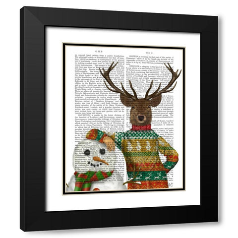 Deer in Christmas Sweater with Snowman Black Modern Wood Framed Art Print with Double Matting by Fab Funky