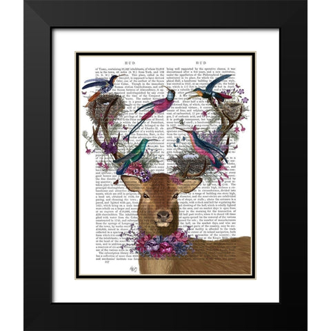 Deer Birdkeeper, Tropical Bird Nests Black Modern Wood Framed Art Print with Double Matting by Fab Funky