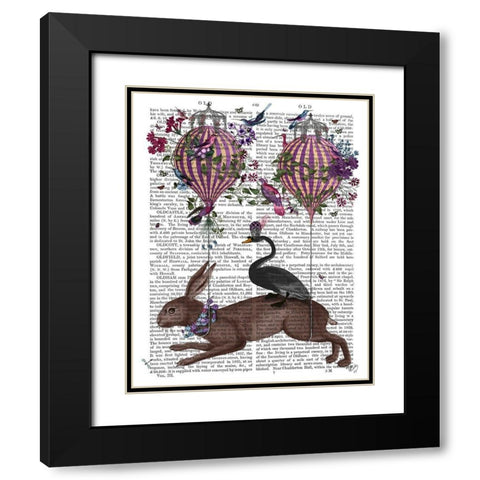 Hare Birdkeeper, Hot Air Balloon Black Modern Wood Framed Art Print with Double Matting by Fab Funky